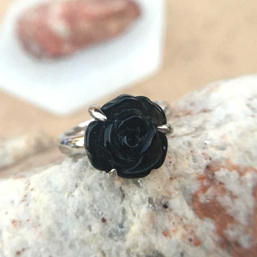 Black Obsidian Carved Flower Ring .925 Sterlng Silver Size 5 or 7 Natural Gem - Picture 2 of 9